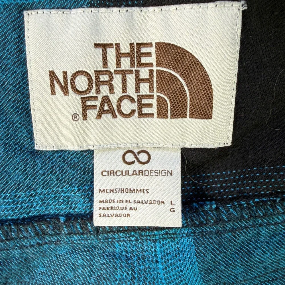 The North Face Mens Large Flannel Blue Black Plaid Shirt Circular Design